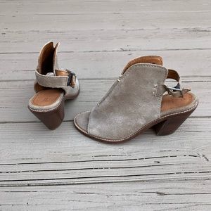 Frye tan suede open toe heels